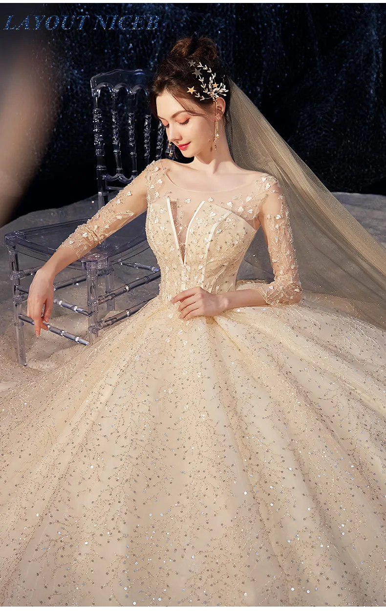 Роскошное шикарное свадебное платье цвета шампанского с рукавом три четверти vestidos de novia с глубоким вырезом trouwjurk robe mariage, платье невесты