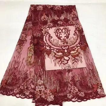 

Gold Red Embroidery African Mesh Lace Fabrics Sequins Lace Fabrics Flower Pattern Sequence Laces Fabric for Nigerian Net Lace