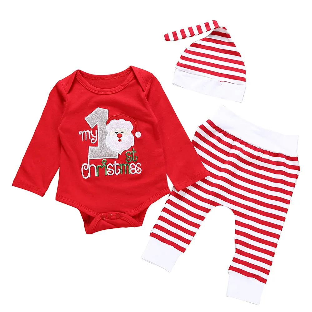 

Cute Baby Clothes Infant Baby Girls Long Sleeve Romper Striped Pants Hat Christmas 3PCS Outfits Set Casual Clothes 3M-24M