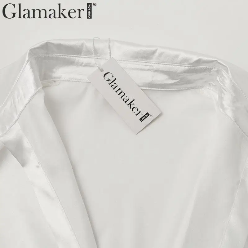Glamaker, белое сатиновое сексуальное платье-рубашка, Элегантное макси-платье с разрезом, платье с глубоким отложным воротником и длинным рукавом, vestidos de fiesta