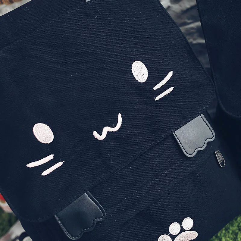 2023 Cat Canvas Backpack Cartoon Embroidery Female Backpacks For Teenage Girls School Bag Cute Printing Rucksack mochilas X69H