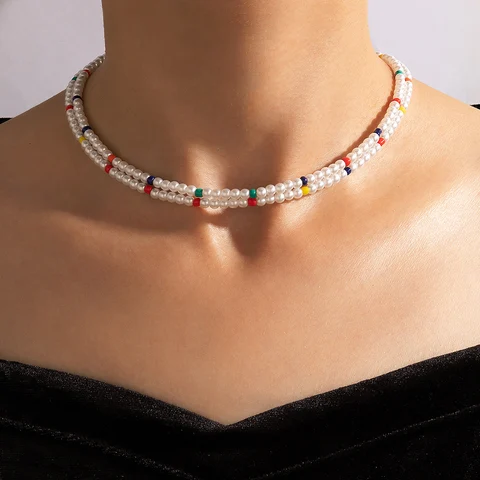Bohemian Pearl Choker Clavicle Chain Necklace for Women Trendy Colorful Beaded Layered Adjustable Jewelry Collar 20311