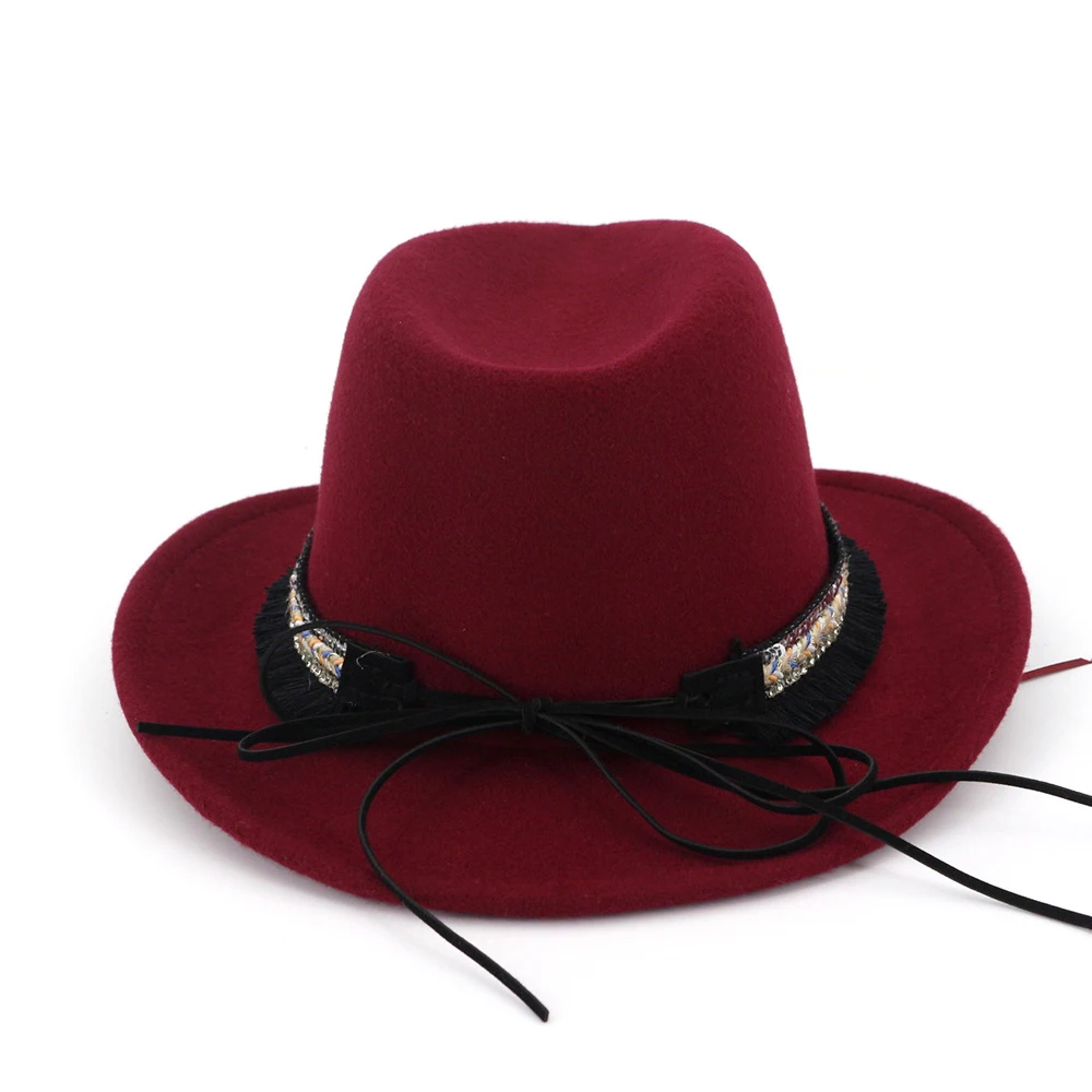 Мужская Женская шерстяная ковбойская шляпа Weatern с бахрома на ленте Sombrero Hombre широкий джазования с полями шляпа размер 56-58 см