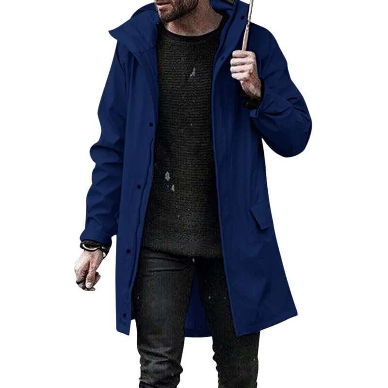 Litthing бренд для мужчин Осенняя Повседневная Длинная куртка Тренч пальто для мужчин Модная с капюшоном однотонная эластичная ветровка Тренч куртки для мужчин - Цвет: blue