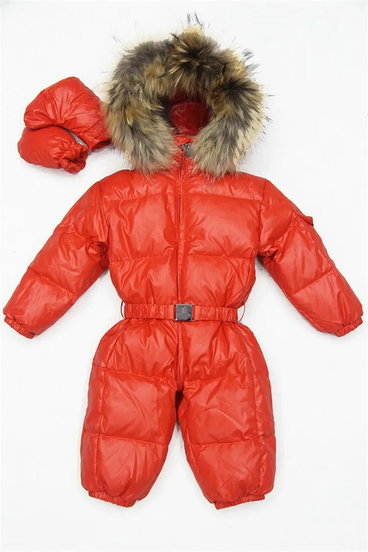 Зимний теплый комбинезон для маленьких мальчиков и девочек, комбинезон на белом утином пуху, верхняя одежда для малышей, одежда для детей 0-3 лет, парка с мехом - Цвет: Красный