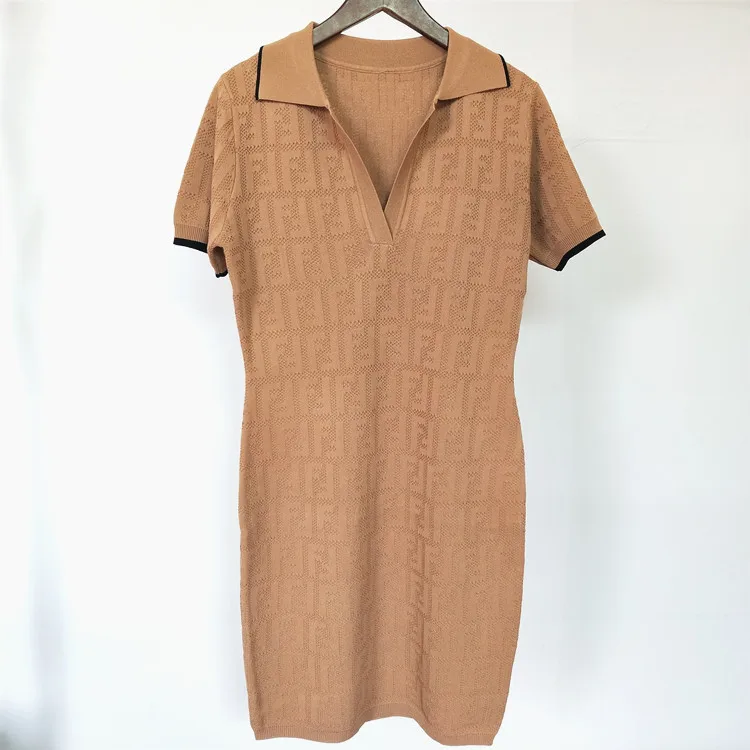 

Europe And America 20 Early Spring New Style Fold-down Collar FF Jacquard Slim Fit Jersey Dress Photo Shoot