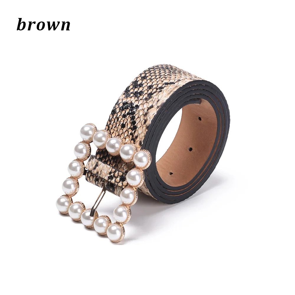1PC Fashion Women Square Buckle Leather Belt Sweet Inlaid Pearl Decoration Solid Color Belt Elegant Wedding Party Ladies Belt - Цвет: brown