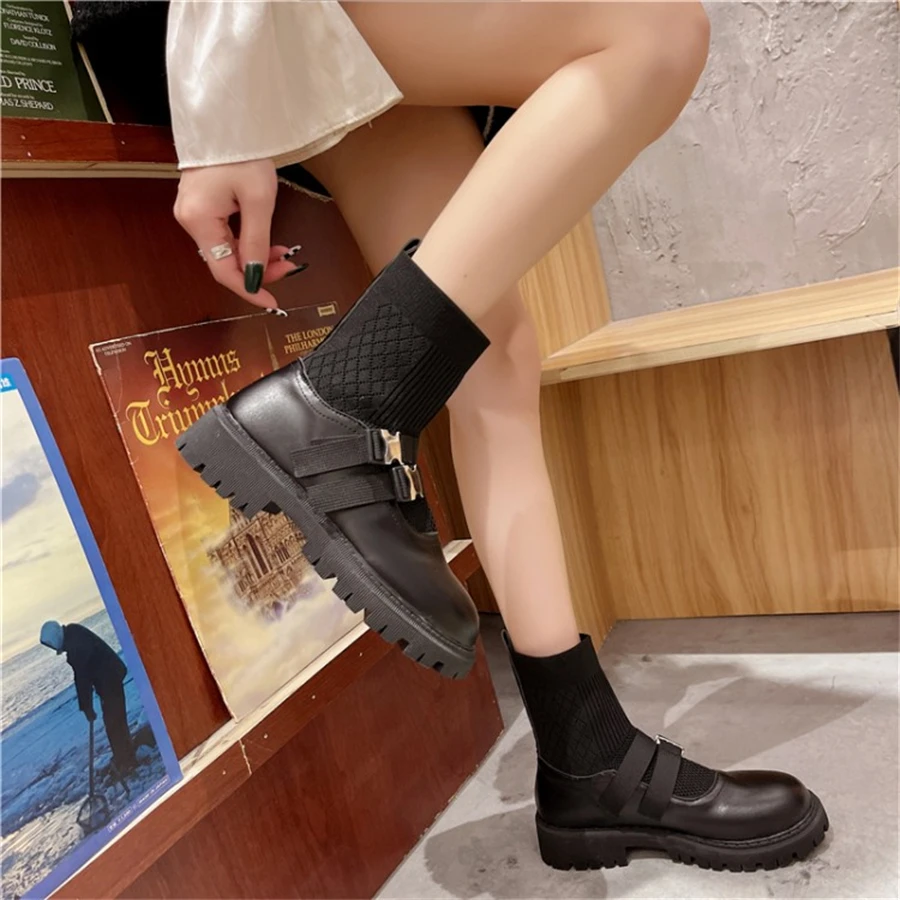 HMXO Buckle Stretch Martin Boots Women's Mid-tube Knight Boots Locomotive Women's Stitching PU Thick Heel French Short Boots ankle boots men