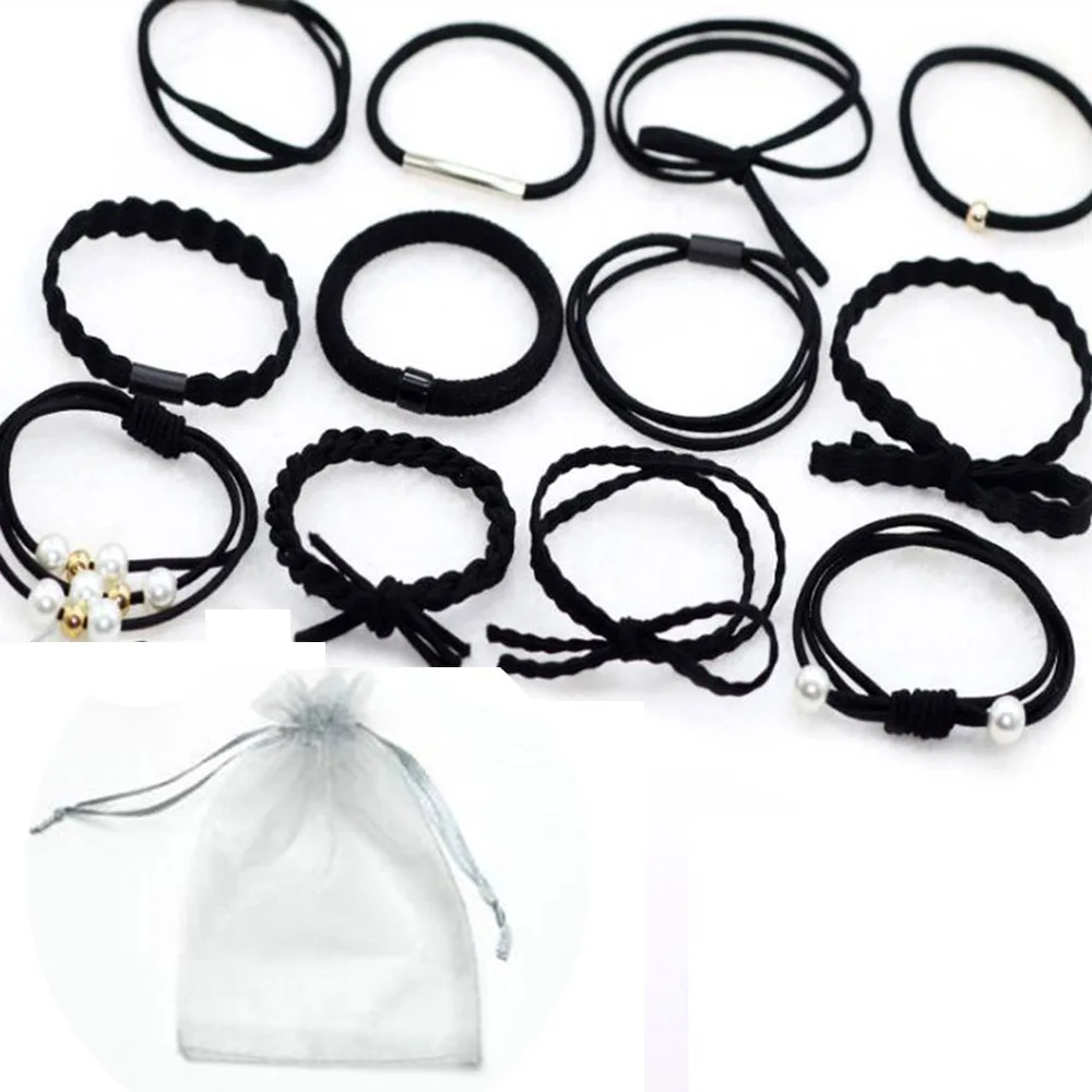 black (yarn bag) 12 шт./компл. Женская резинка для волос набор жемчужное Узорчатое оголовье резинка для хвоста для девочек Высокая Эластичность резинки аксессуары для волос для женщин - Цвет: black (yarn bag)