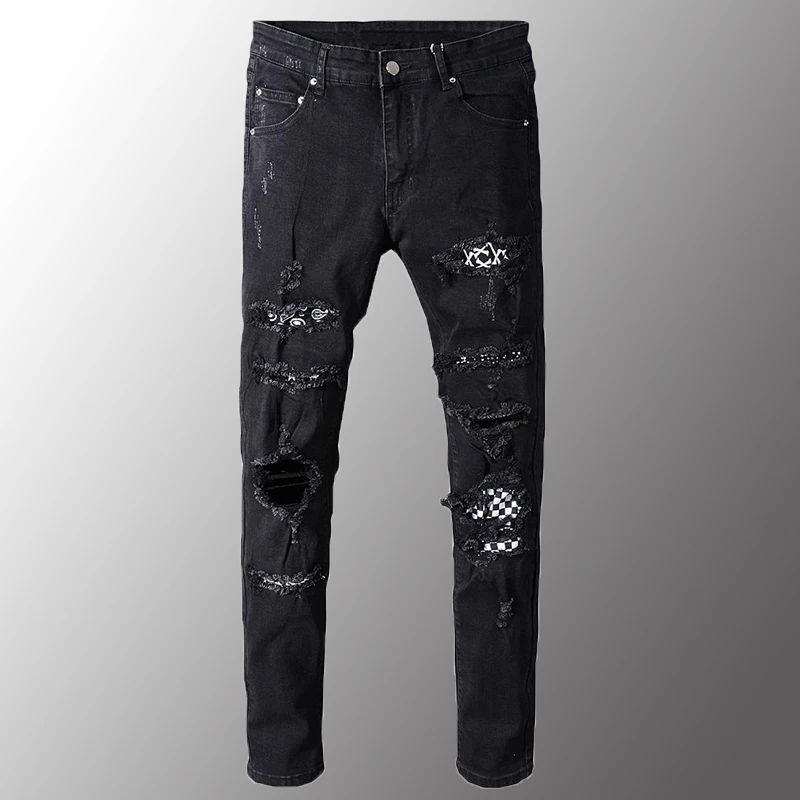 

Men's Black White Patch Holes Ripped Plus Size Slim Fit Skinny Distressed Stretch Denim Pants Fashion Male Jeans