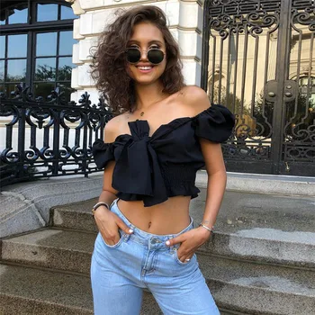 

Retro Palace Style Horizontal Neck Black Puff Sleeve Short Navel T-shirt Women's Flounced Lace-up Tops