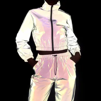 

2 Piece Matching Set Outfits Women Tracksuit Hip Hop Flash Reflective Pants Crop Tops Loose Zipper Jacket Coat Sets