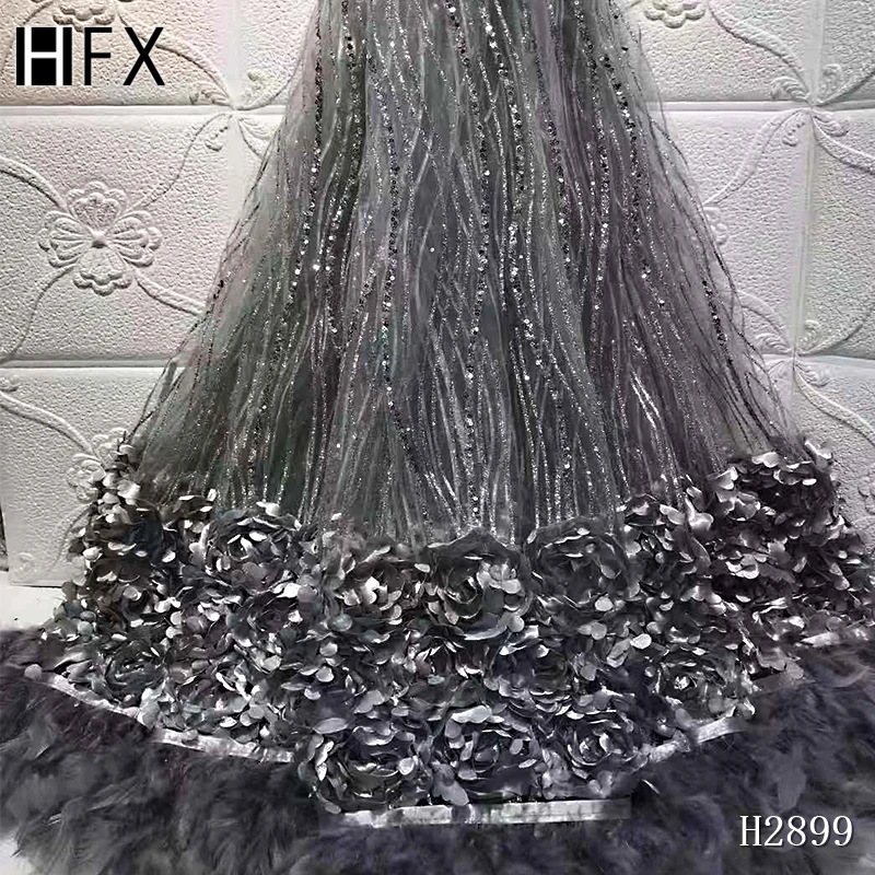 HFX африканская 3d цветок перо кружевная ткань Новинка нигерийское кружево ткань французское Тюлевое кружево с вышивкой ткань для свадьбы 5YR H2899