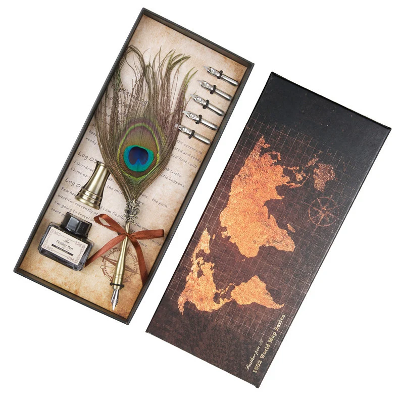 Античный винтажный перо Dip Ручка и набор чернил Редкие канцелярские принадлежности подарок прочный - Цвет: Peacock