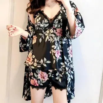 

Lace Nightwear 3PCS Pajamas Suit Female Satin Silky Intimate Lingerie Sleepwear Print Nightgown Pyjamas Kimono Bathrobe Gown