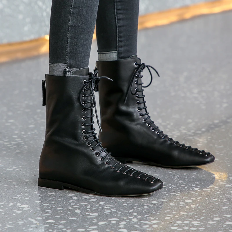 

Xiuningyan High Quality Women Ankle Boots Handmade Soft Genuine Leather Woman Boots Square Toe Back Zipper Shoes Female Footwear