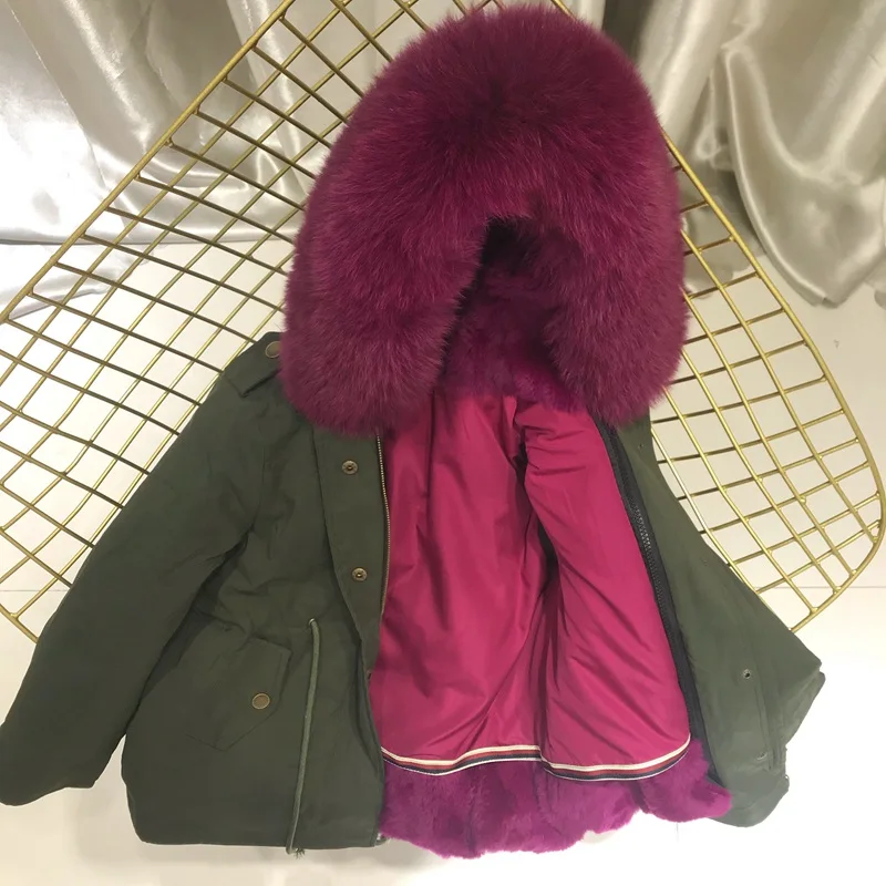 Одежда для маленьких девочек зимняя куртка Настоящий мех кролика парка для девочек, зимние пальто с лисьим мехом, с капюшоном, отделка, одежда для маленьких мальчиков - Цвет: green rose purple