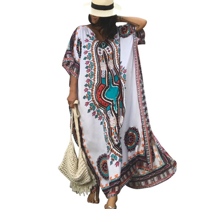 

Woman Bikini Cover up Tunics Print Kaftan Beach Dress Swimwear Large Size Robe Plage Saida de Praia Arabes Abaya Swimsuit Femme