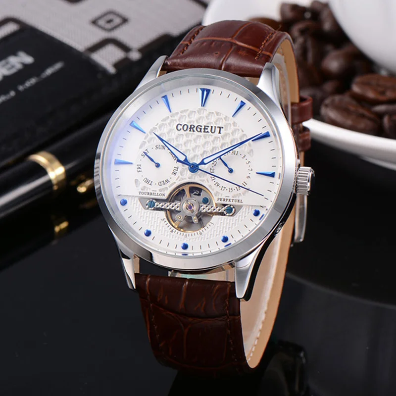

Corgeut Skeleton Mechanical Automatic Watch Men Sport Top Luxury Brand Moon Phase Watches Rose Gold Leather Hombre Wrist Watches