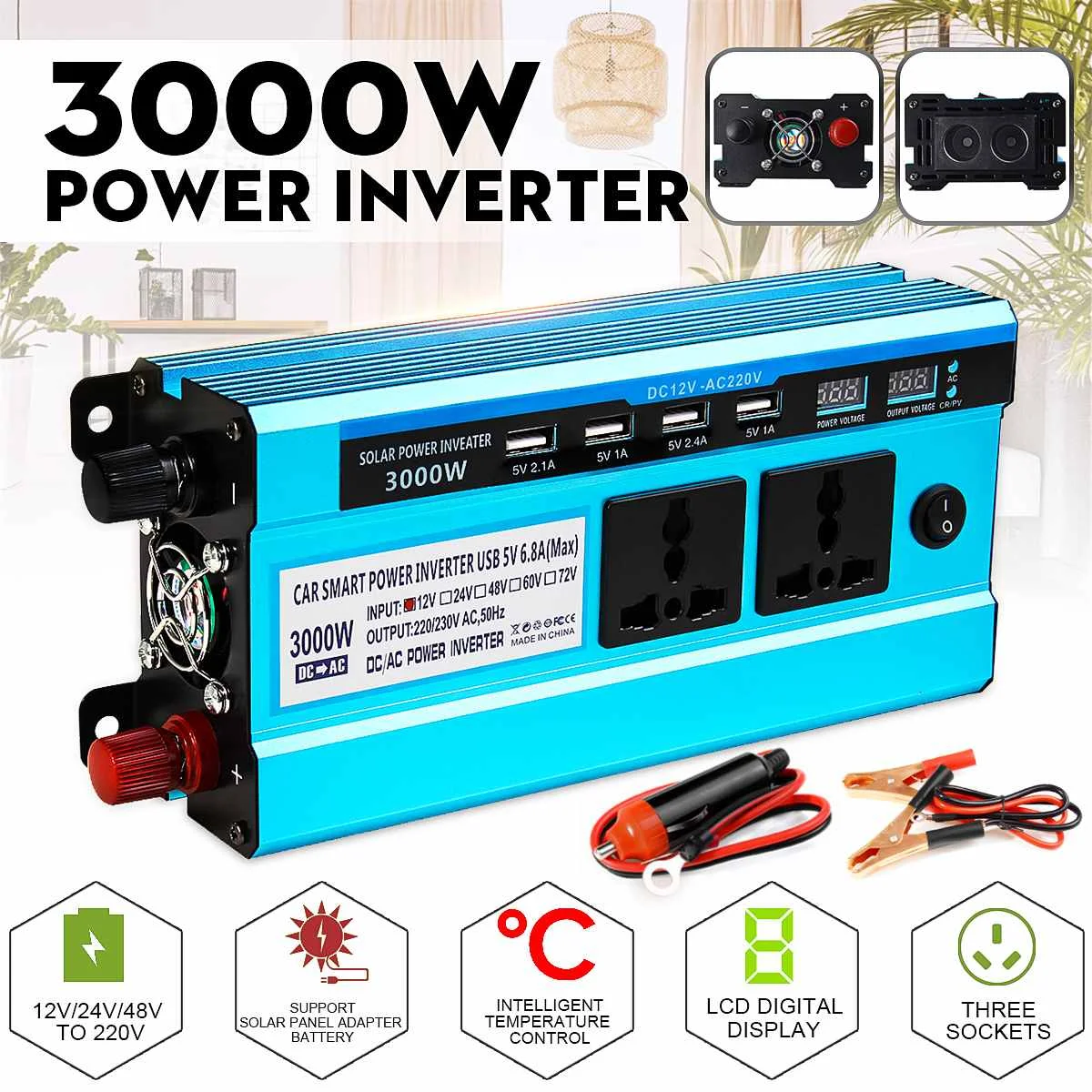 

3000W Inverter DC 12V 24V 48V to AC 220V Voltage Convertor Transformer Solar Inverter Double LCD Display 4USB
