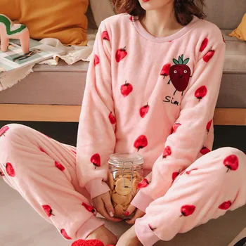 

Women Cute Print Pajamas Set Flannel Two Pieces Set Long Sleeve Round Neck Top Loose Pants Winter Warm Homewear Homes Clothes