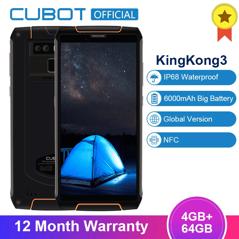 Cubot King Kong 3 IP68 Waterproof Smartphone Android 8.1 4GB 64GB MT6763T Octa Core Cellular 5.5''18:9 6000mAh Fast Charge 16MP