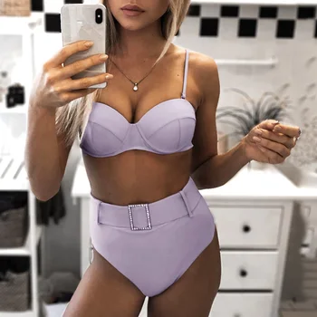

Push Up Bikini Set Swimsuit Female High Waist Bikini 2020 Bathing Suit Women Swimwear Solid Swimming Suit For Women Belted Swim