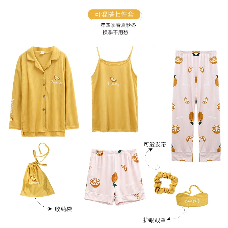 

Peach Scent Spring Summer Knitted Cotton Women's Pullover Cardigan Casual Tracksuit Seven Sets Pajamas