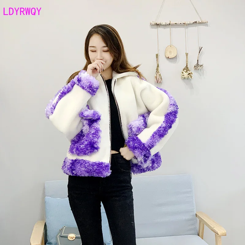 

2019 autumn and winter new Korean women's fashion sheep shearing stitching contrast color lapel zipper bat sleeve short coat