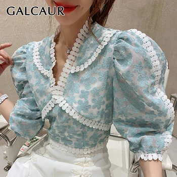 

GALCAUR Patchwork Hollow Out Print Short Tops For Women V Neck Puff Sleeve Elegant T Shirt Female 2020 Summer Fashion New Style