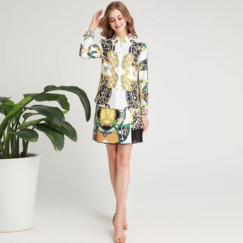 

Xiaomoli Autumn 2019 New Vintage printed long-sleeved shirt jacket A-shaped skirt name Yuanyuan temperament dress two sets