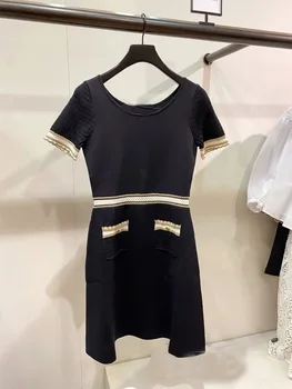 

Women Dress 2020 Spring Summer New Dress Striped Pocket Knit Mini Dress