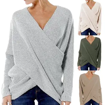 

Sexy Knitted Sweater Solid Color Women Fashion V Neck Cross Front Irregular Hem Loose casual women simple pullover