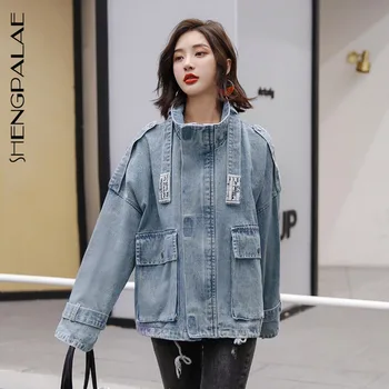 

SHENGPALAE 2020 New Fashion Spring Autumn Vintage Stand Collar Pocket Work Clothes Denim Jacket Woman Cowboy Loose Coat ZA2916