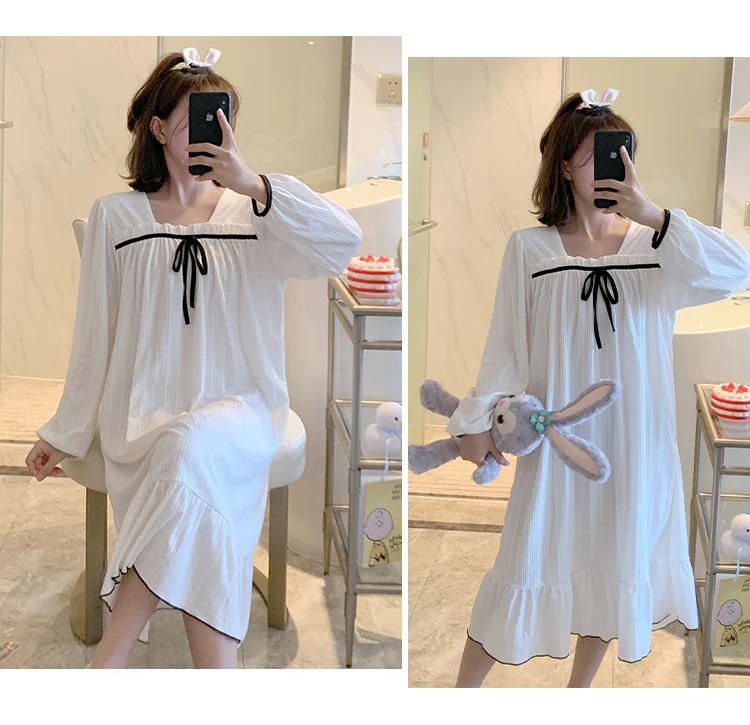 Nightdress women autumn and winter pajamas pure cotton long-sleeved love new sweet home service sleepwear