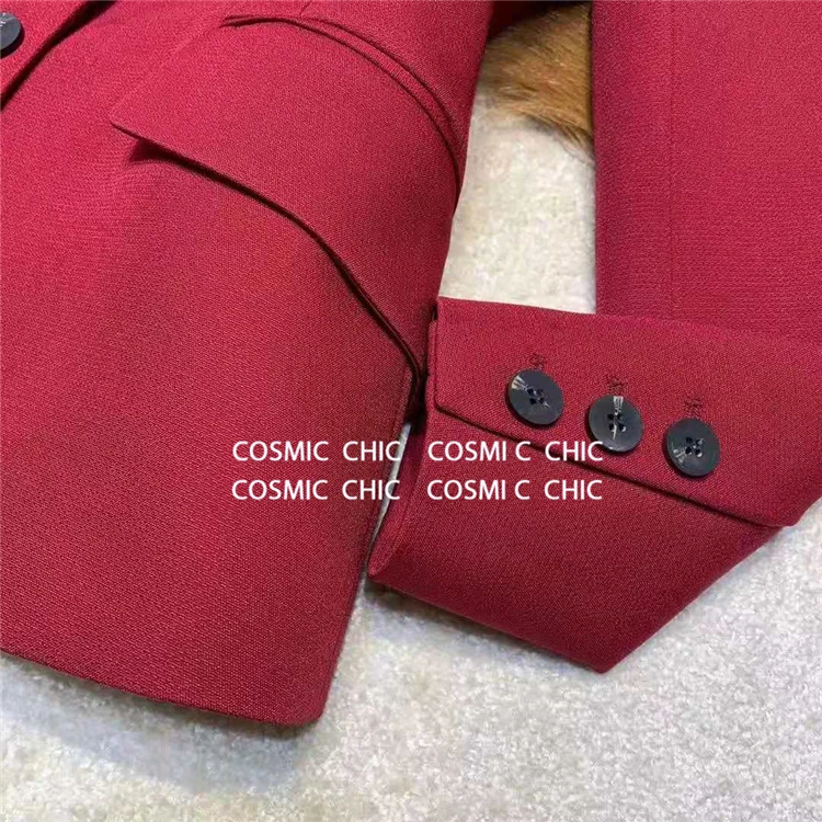 Cosmicchic Women Solid Wool Blazer Runway Design Long Sleeve Pocket Lady Jacket Single Breasted Red Chic Blazer Office Wear