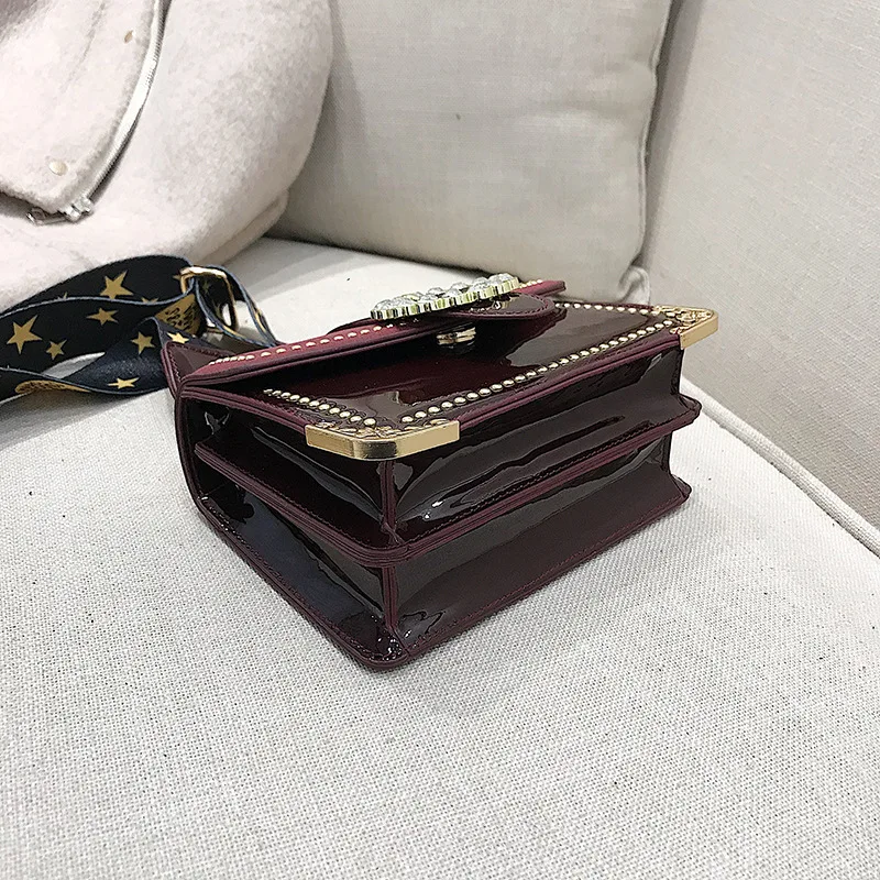 

2019 New Style Stereo Stereotypes Square Sling Bag Patent Leather Circular Ring Man-made Diamond Magnetic Snap Shoulder WOMEN'S