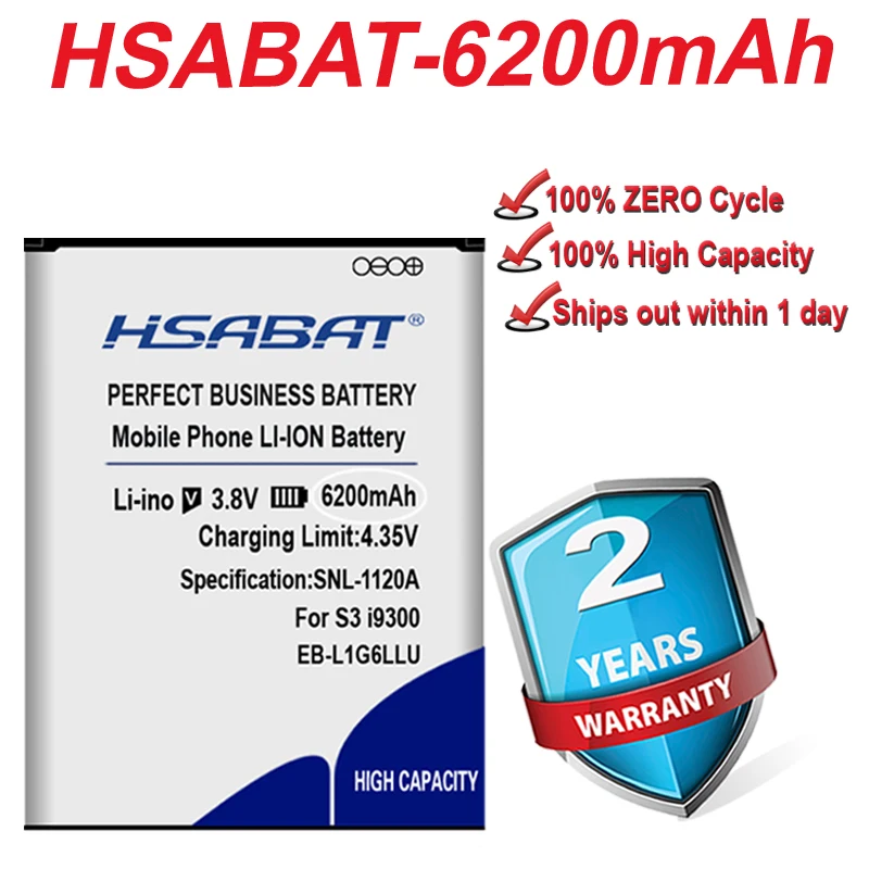 Аккумулятор HSABAT 6200 мА · ч EB-L1G6LLU для Samsung Galaxy S3 SIII i9300 i9300i i9308 i9305 i9082 i9080 i9128E i9060 i9301 i9118