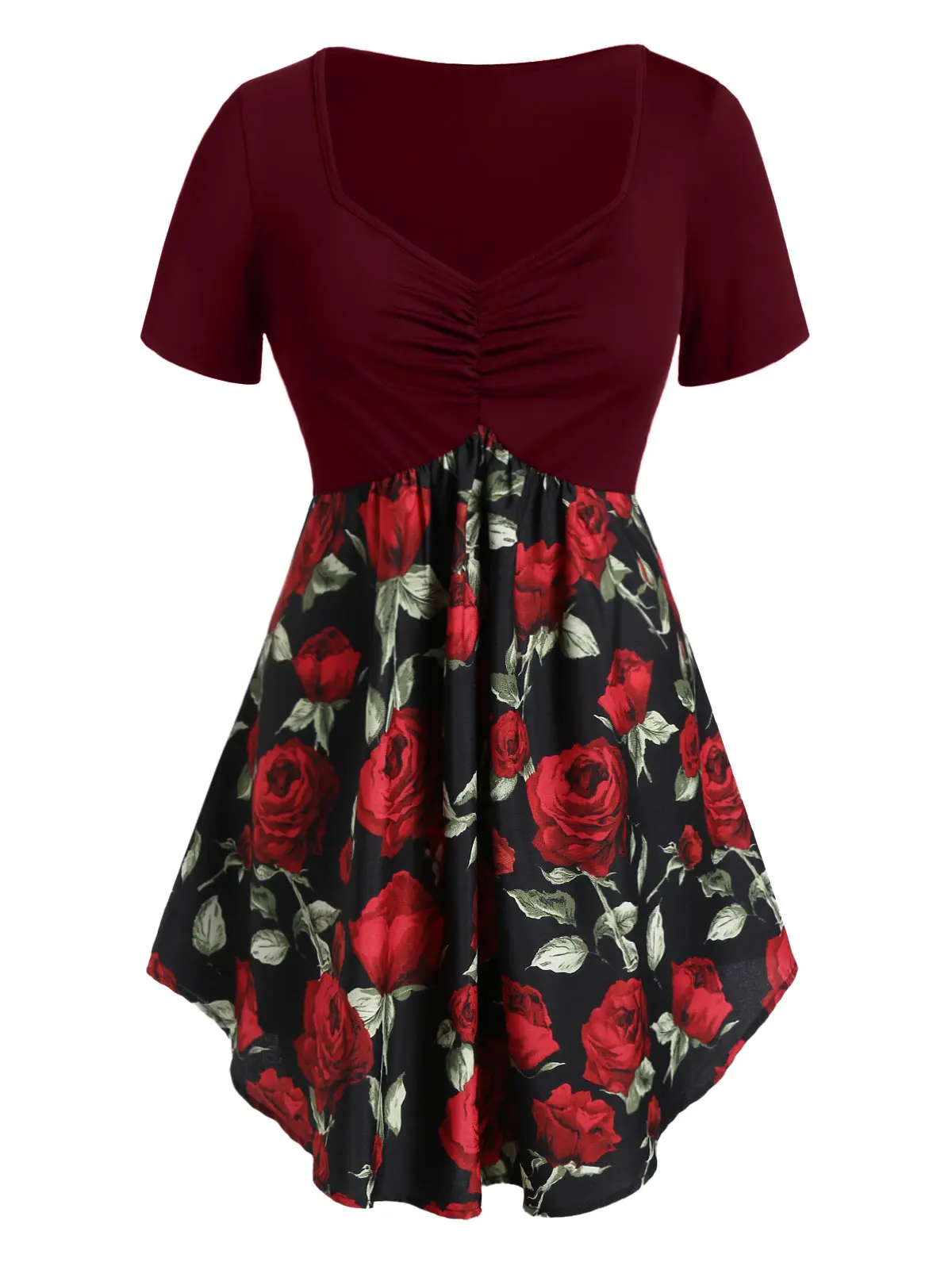ROSEGAL размера плюс Cinched Rose Print Туника Футболка Милая шея короткий рукав Цветочный Принт пэчворк А-силуэт Длинные футболки 5XL