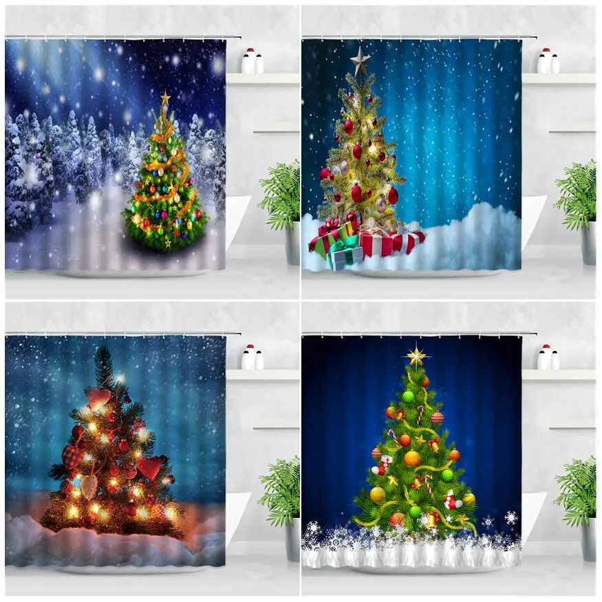 

Шторы для душа на Новый год и Рождество, занавески из полиэстера с крючками для ванной комнаты, с естественным ландшафтом снега, зимы, леса