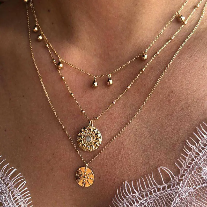 Doreen Box Multilayer Layered Necklace Golden Color Round Sun Clear Rhinestone Jewelry For Women 42.5cm(16 6/8&quot) long 1 Piece |