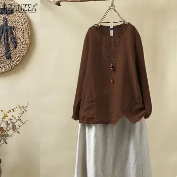 

ZANZEA Women Tunic Blouse Casual Long Sleeve Shirt Loose O Neck Blusas 2020 Autumn Vintage Cotton Tops Irregular Hem Chemise 5XL