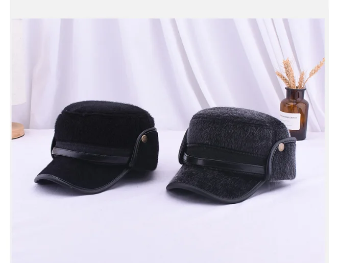 Утолщенная мужская плоская шапка, Мужская военная шапка из искусственного меха норки с ушанками, Мужская зимняя теплая шапка высокого качества, подарок для папы