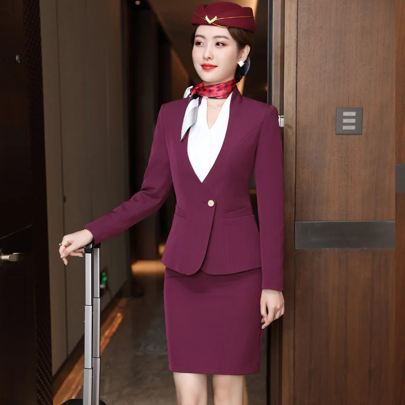 

IZICFLY Spring Summer New Wine Red Formal Business Clothes Office Women Blazer And Skirt Set Suit Airline Stewardess Slim Work