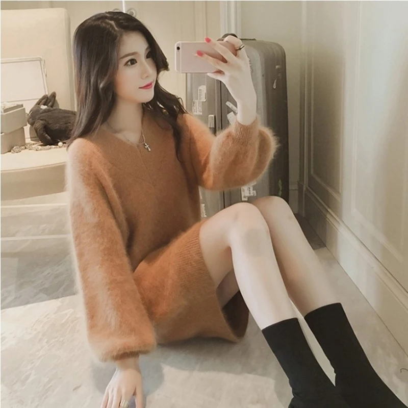 

2019 New Autumn Sweater Women V Neck Loose Pullover Sweater Knit Tops Women Solid color Lantern sleeve Casual Knit Women AN198
