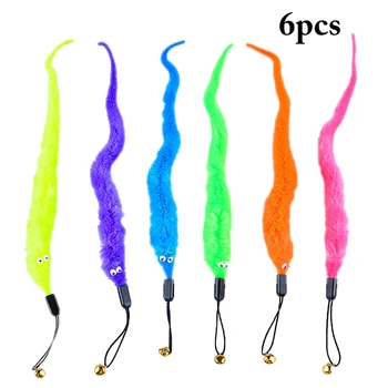 

6pcs/set Kitten Cat Teaser Wand Rod Chase Toy Worm Replacement Refill Plush Toy with Bell Pet Cat Interactive Training Toys