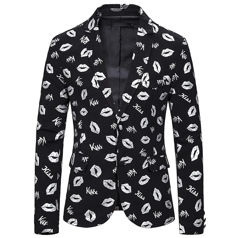 Мужской костюм slim fit мода губы печати Золотое Тиснение костюм платье представление пальто