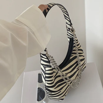 

Niche Zebra Print Underarm Bag For Women 2020 New Double Chain Half-month Shoulder Handbag Crossbody Fashion A736