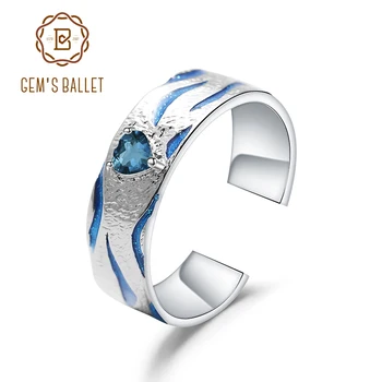 

GEM'S BALLET Couple Rings Open Adjustable Natural London Blue Topaz 925 Sterling Silver HANDMADE Enamel For Women Fine Jewelry