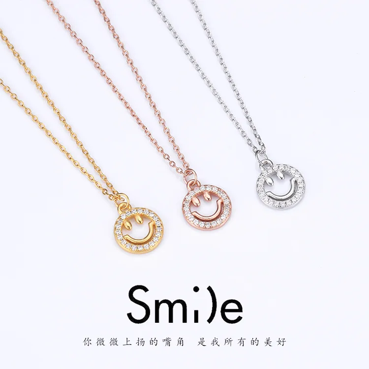 

Smiley 100% 925 Sterling Silver Pendant Chain Zircon Snowflake Necklace for Women 18K Gold Clavicle Neck Chain Gift Jewelry 2020